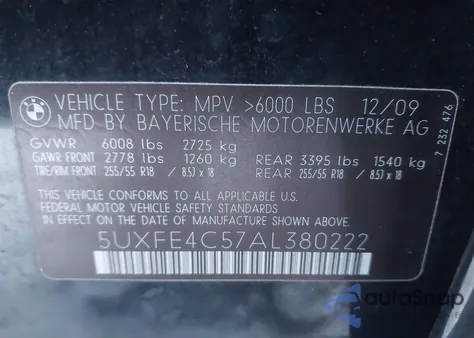 2010 BMW X5 xDrive30I from USA, damaged, VIN 5UXFE4C57AL380222